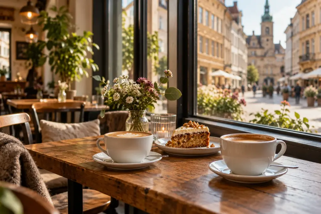 KI-Symbolbild: Kaffee und Kuchen an einem Caféfenster