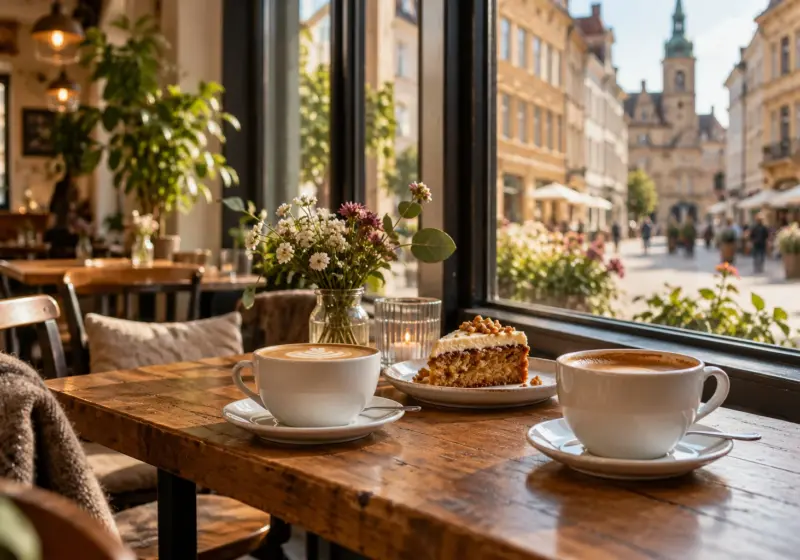 KI-Symbolbild: Kaffee und Kuchen an einem Caféfenster