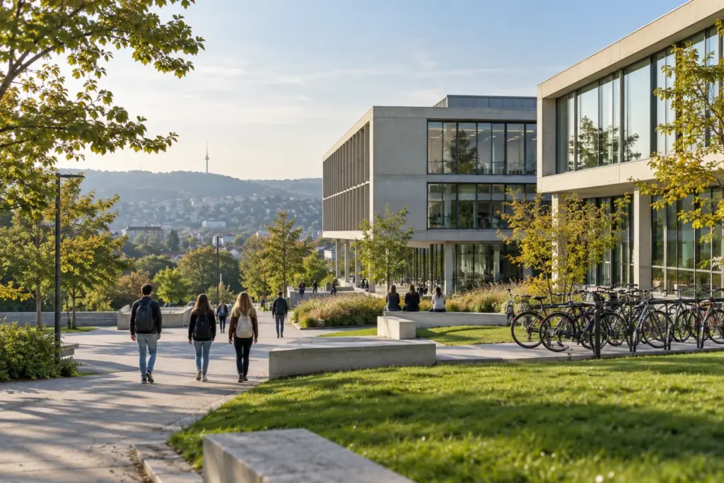 KI-Symbolbild: Campus mit Fahrrädern und Grünflächen