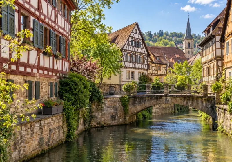 KI-Symbolbild: Fachwerkhäuser und Kanal in Esslingen am Neckar