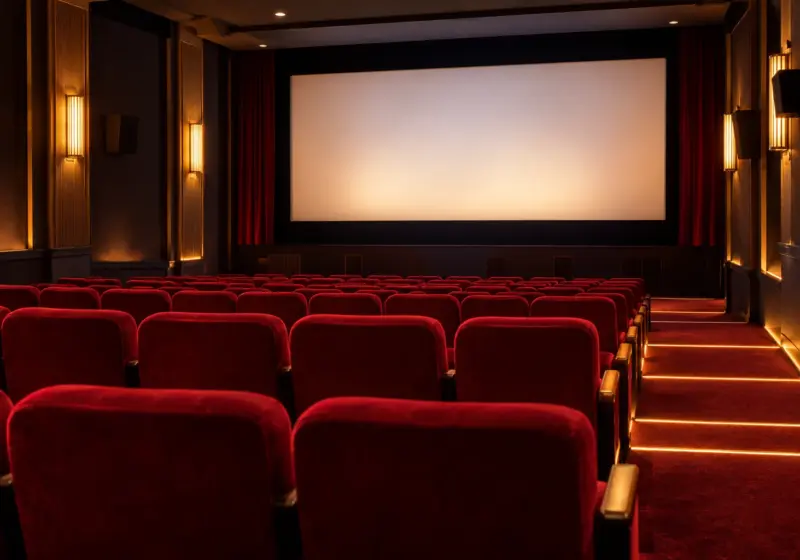 KI-Symbolbild: Leerer Kinosaal mit roten Sitzen und unbespielter Leinwand