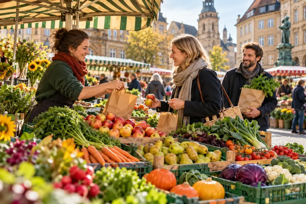 KI-Symbolbild: Frisches Obst und Gemüse auf einem Wochenmarkt