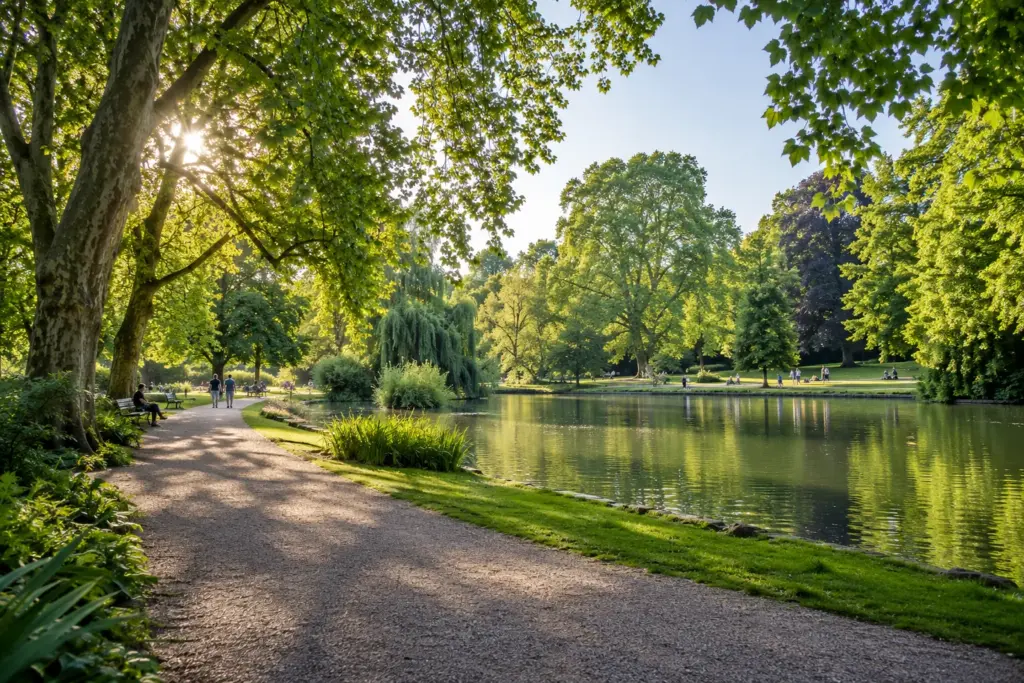 KI-Symbolbild: Grüner Weg und Teich im Stuttgarter Schlossgarten