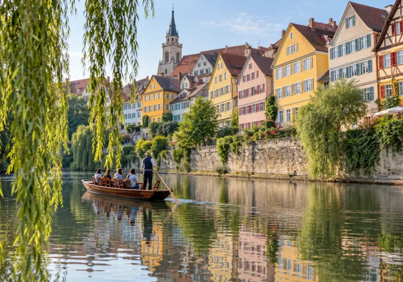 KI-Symbolbild: Bunte Häuser am Neckarufer in Tübingen