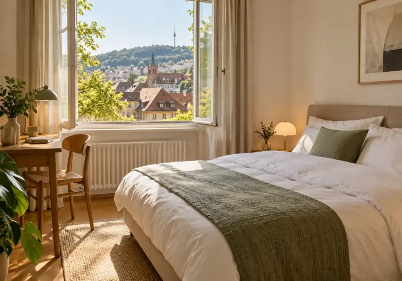 KI-Symbolbild: Schlichtes Gästezimmer für einen Stadtbesuch